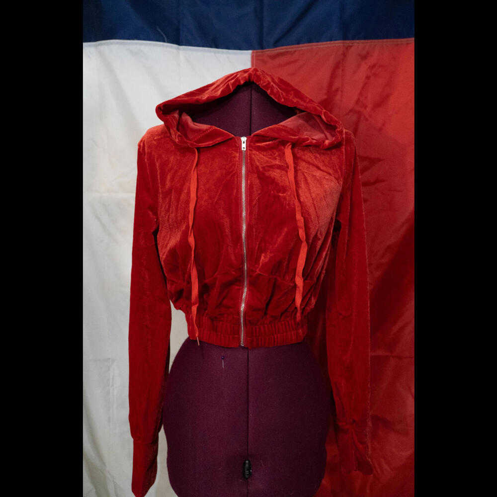 Red Velvety Zip Up Crop Hoodie